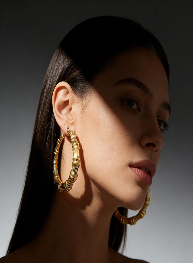 WLL 80mm Bamboo Earrings for Women Chunky 90s Hoop Earrings Large Bamboo Earrings Oversized Outfits for Women Hip Hop Jewelry Party Custom Accessories (A:gold-tone) - Image 2