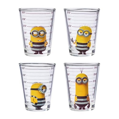 Silver Buffalo Minions Despicable Me Mug Shot Featuring Bob Stuart Tim and Dave 4 Pack Mini Glass Set 15 Ounces