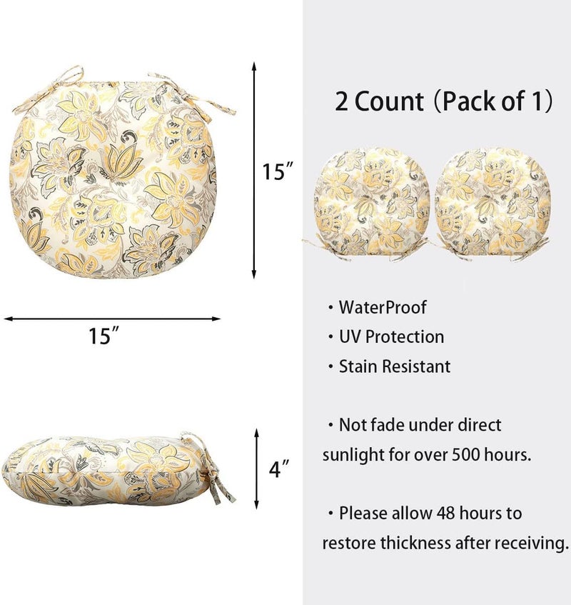 FUNHOME Bistro Chair Cushions 15 inch,Set of 2,Tufted Round Chair Cushions with Ties,15"x15"x4",Water Resistant Round Seat Cushion for Barstool Chairs,Patio Garden Kitchen Outdoor Furniture(Yellow Flower) - Image 5