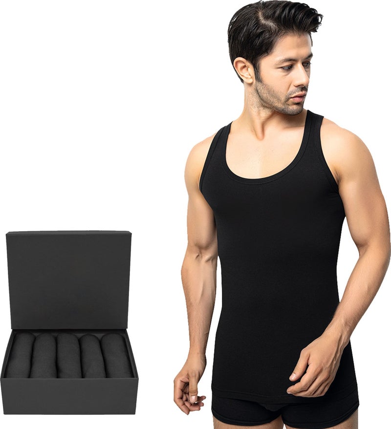 TS Men's 100% Cotton Undershirt 5-Piece Set, Comfortable Fit, Black Premium Special Box, Underwear, Underwear - Image 1
