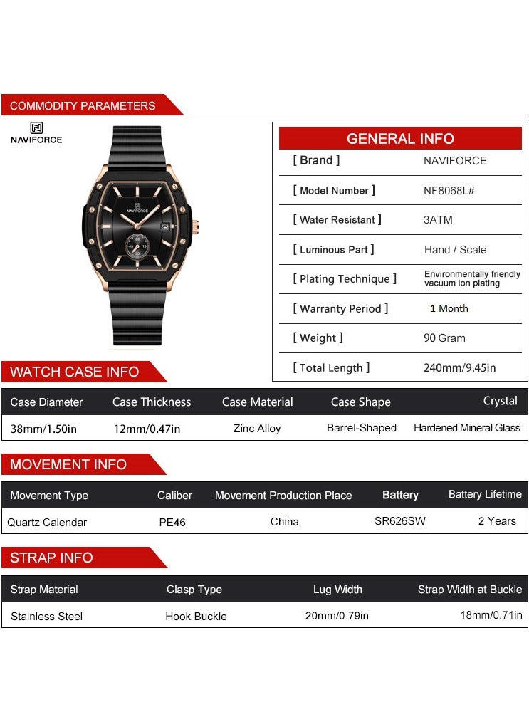 نافيفورس ساعة يد كوارتز كاجوال أنيقة من الفولاذ المقاوم للصدأ للرجال والنساء NF8068 RG/B - Image 4