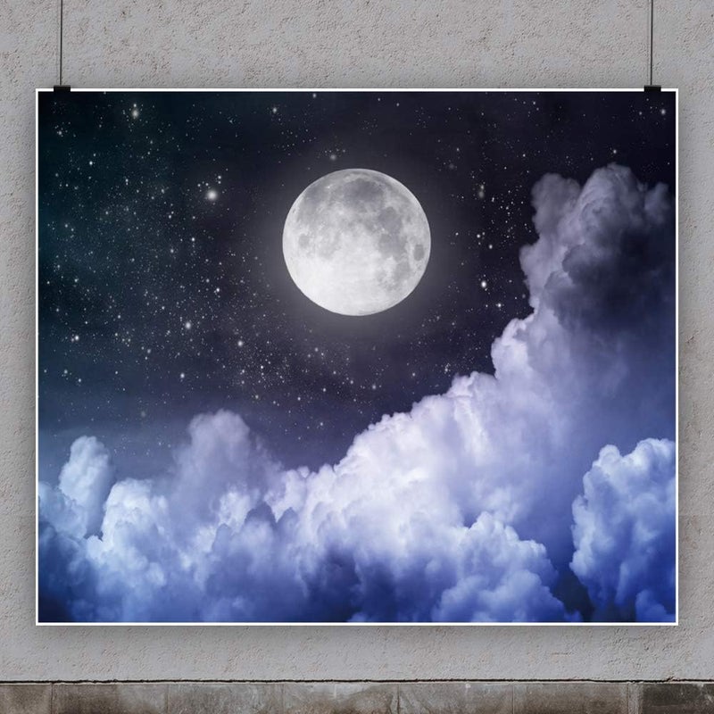 Laeacco 10x8ft Cloudy Night Sky Photo Backdrop Full Moon Starry Sky Background Cosmic Universe Newborn Baby Shower Birthday Party Backdrop Kids Room Wall Mural Children Adults Girls Portraits Studio - Image 2