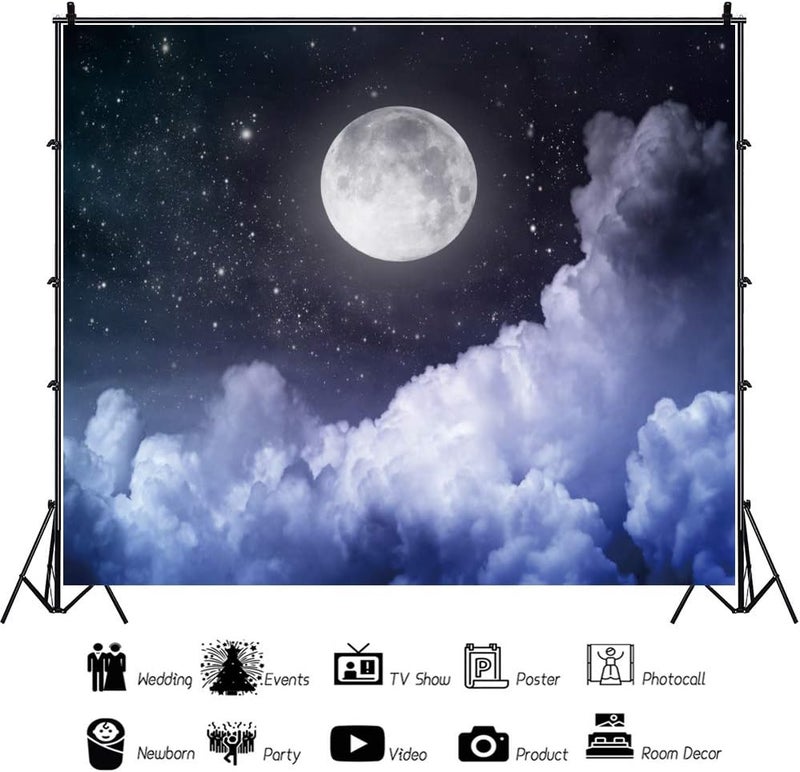 Laeacco 10x8ft Cloudy Night Sky Photo Backdrop Full Moon Starry Sky Background Cosmic Universe Newborn Baby Shower Birthday Party Backdrop Kids Room Wall Mural Children Adults Girls Portraits Studio - Image 5