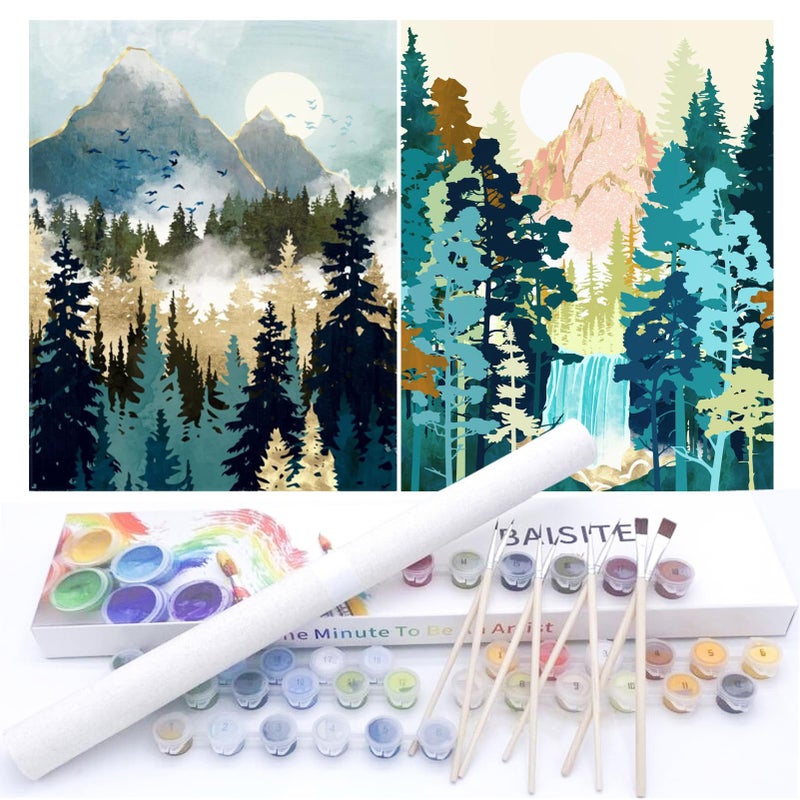 BAISITE Paint by Numbers Kit for Adults Beginners12 Wx16 L 2 Pack Canvas for Painting Kits for Adults in Colorful BoxSunrise Mountains Waterful 7172