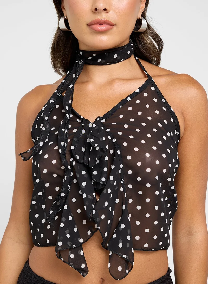 Ginger Polka Dot Ruffle Top With Scarf Detail