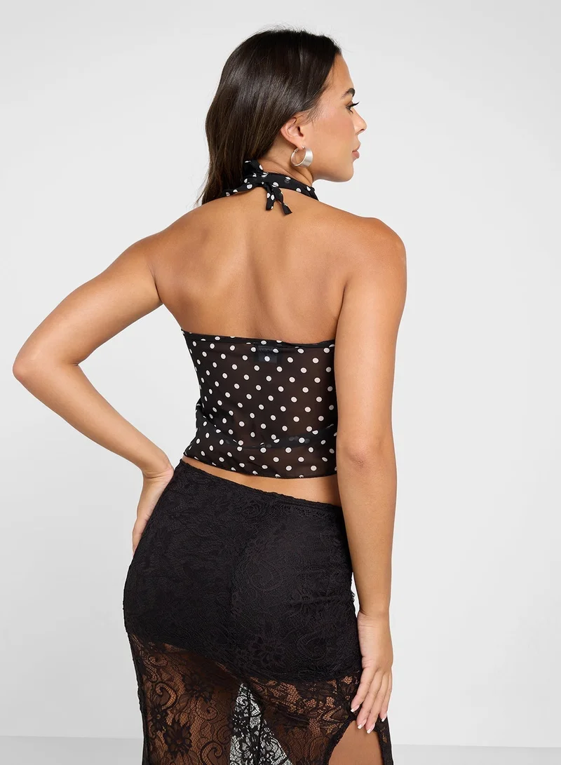 Ginger Polka Dot Ruffle Top With Scarf Detail