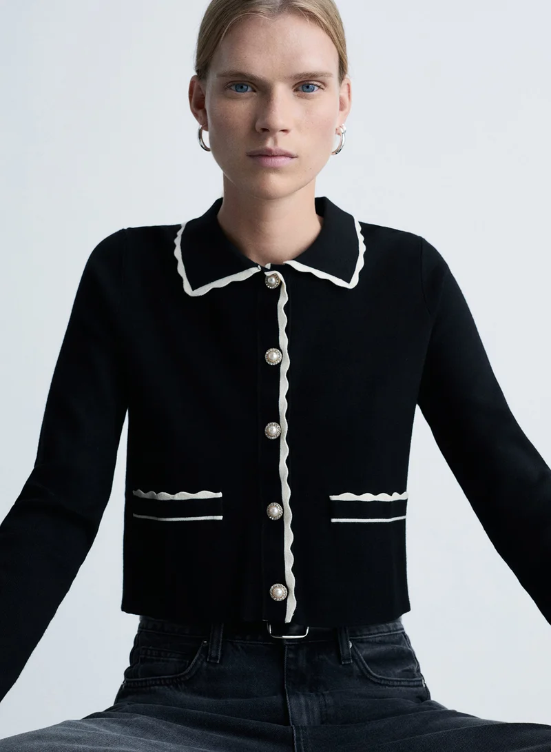 مانجو Contrast-Trim Cardigan With Jewel Buttons