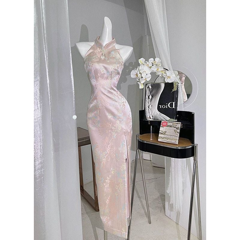 2023 Spring Elegant Cheongsam Dress Pink Pink 
