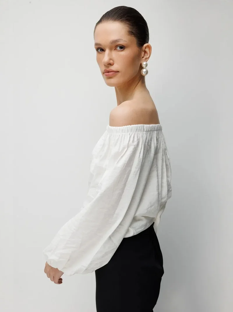 MixRay Ivory Natural MIXRAY Off Shoulder Textured Blouse for Women | Best Price UAE