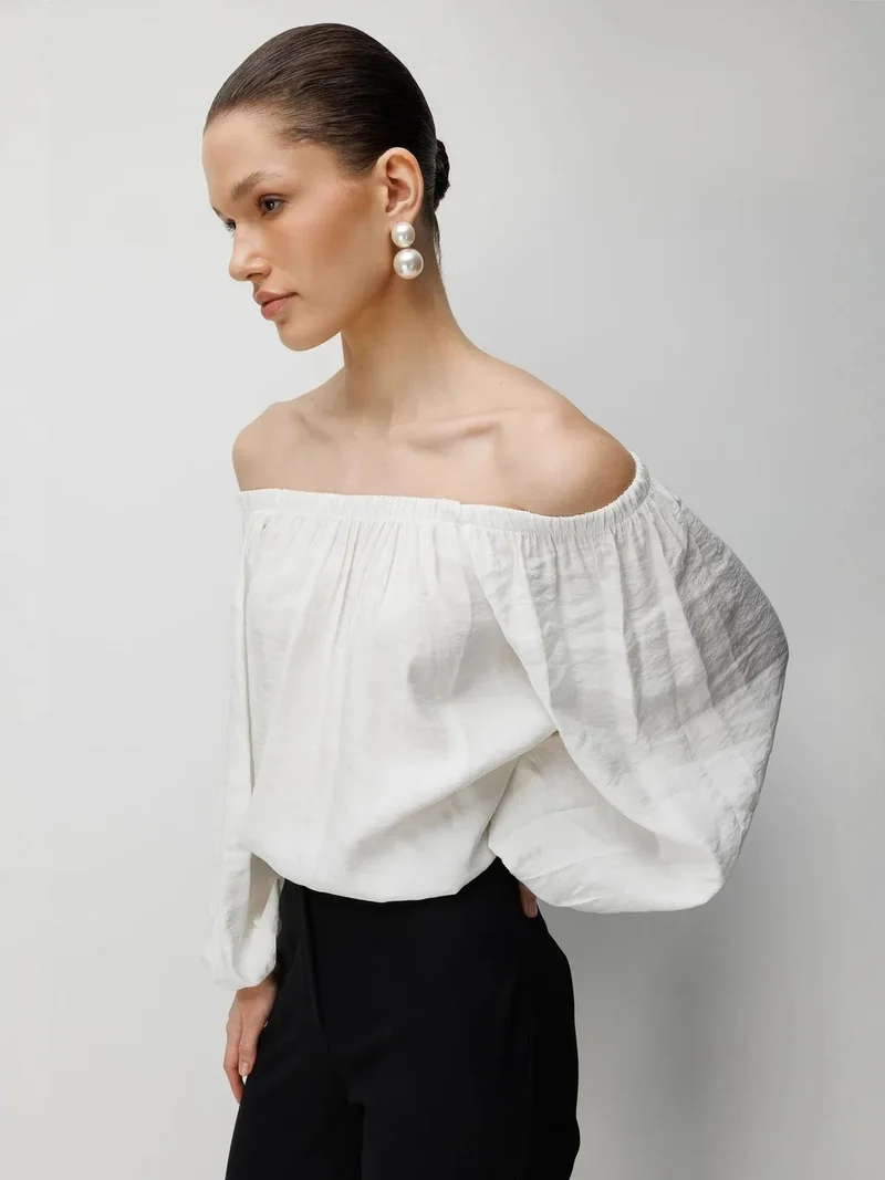 MixRay Ivory Natural MIXRAY Off Shoulder Textured Blouse for Women | Best Price UAE