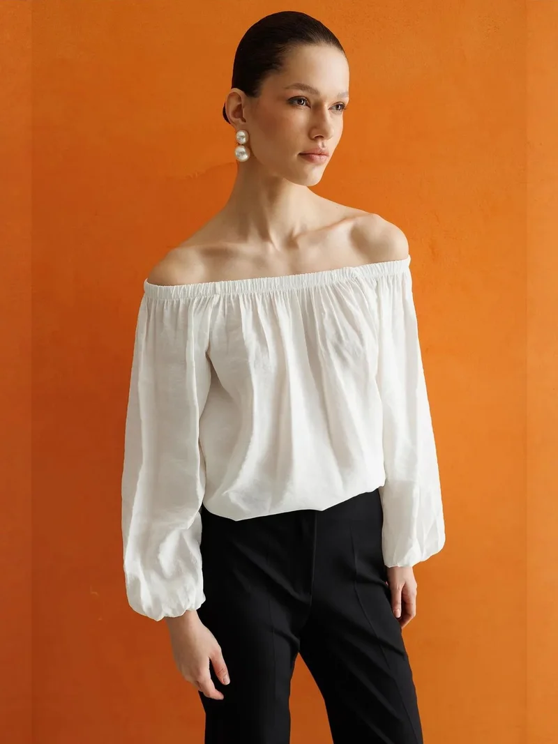 MixRay Ivory Natural MIXRAY Off Shoulder Textured Blouse for Women | Best Price UAE