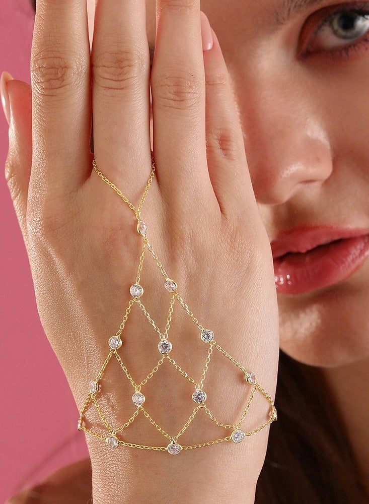 Mesh Finger-to-Wrist Bracelet for Women | Diamond-Accented Hand Chain Jewelry - Image 2