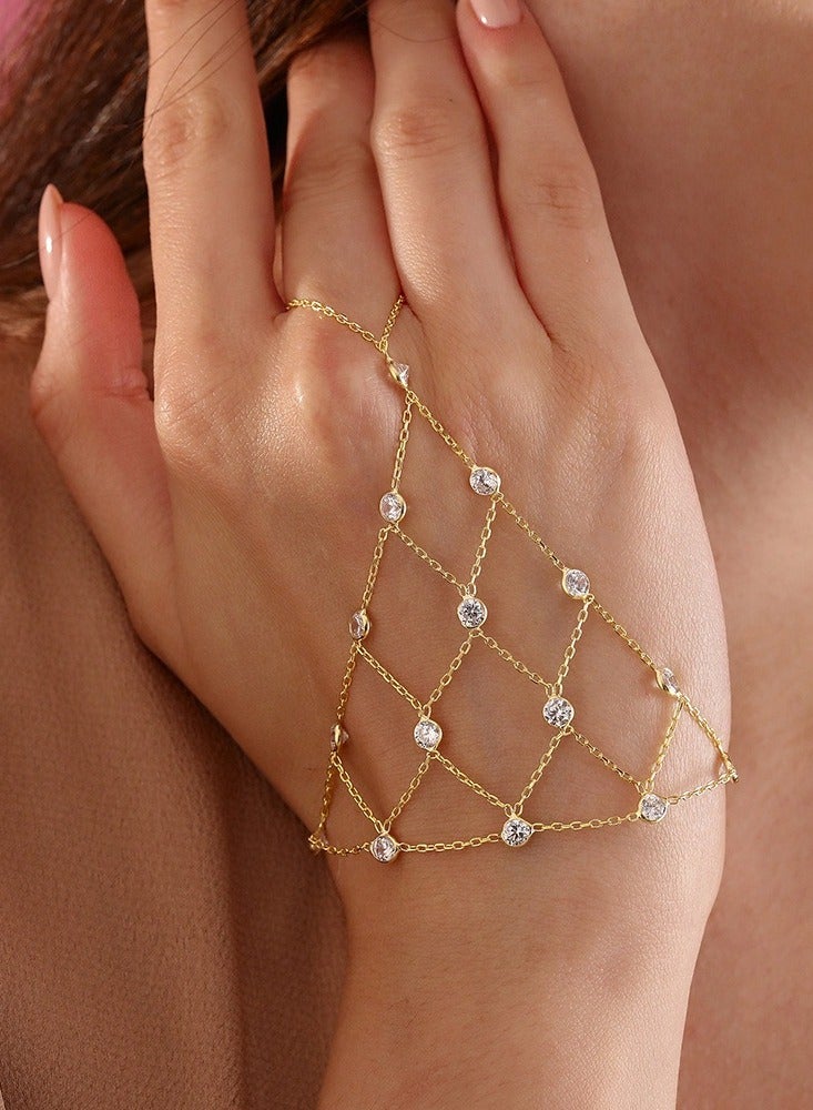 Mesh Finger-to-Wrist Bracelet for Women | Diamond-Accented Hand Chain Jewelry - Image 1