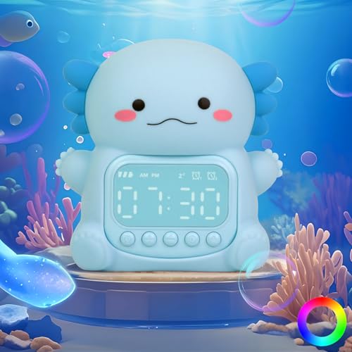 Aokpsrt Axolotl Alarm Clock with Night Light for Kids Rechargeable Silicone Lamp Time to Wake Clock Cute Animal Tabletop Lamp Perfect Sleep Companion for Boys Girls Blue - Image 1