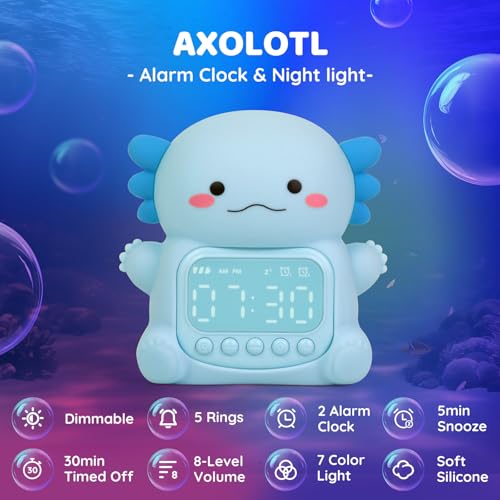 Aokpsrt Axolotl Alarm Clock with Night Light for Kids Rechargeable Silicone Lamp Time to Wake Clock Cute Animal Tabletop Lamp Perfect Sleep Companion for Boys Girls Blue - Image 3