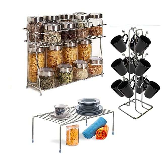 Cri8Hub 3 Pcs Stainless Steel Kitchen Floor Mount Tiered Shelf Rack, Organizer And Space Saver, Counter Top Stainless Steel Kitchen Stand With Cup Stand & Shelf Pack Of 3 - Image 1