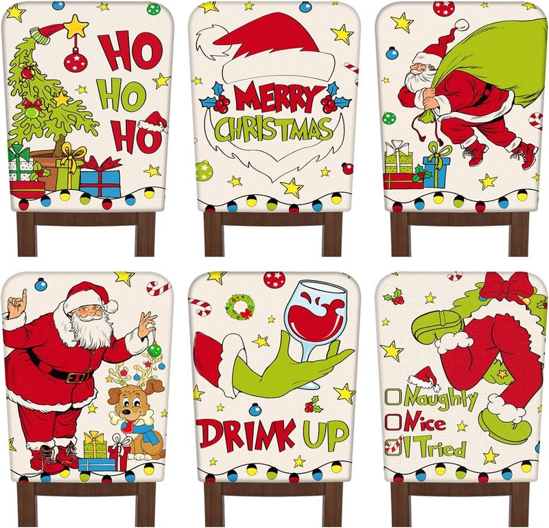 FuWeave 6 Pcs Christmas Chair Covers Santa Claus Chair Back Covers Lime Green Red Chair Protector Slipcovers Washable Winter Dining Room Seat Covers for Home Hotel Kitchen Decorations - Image 1