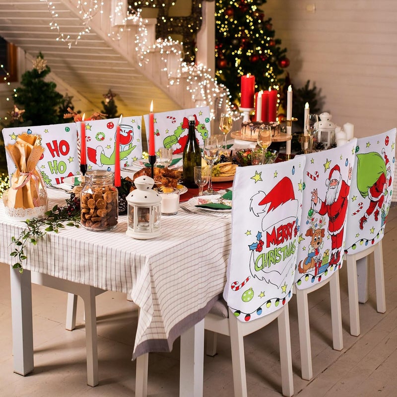 FuWeave 6 Pcs Christmas Chair Covers Santa Claus Chair Back Covers Lime Green Red Chair Protector Slipcovers Washable Winter Dining Room Seat Covers for Home Hotel Kitchen Decorations - Image 2