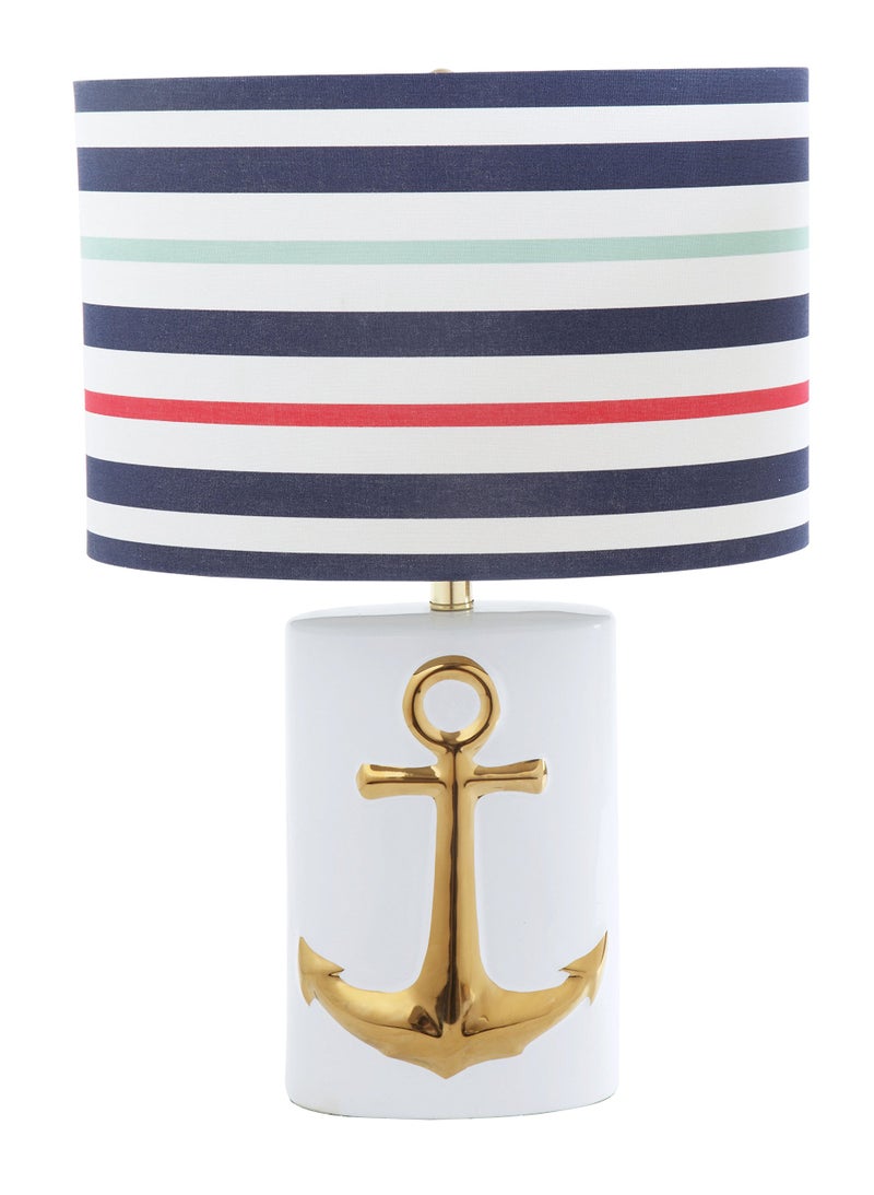Creative Coop DA9144 Ceramic Table with Striped Linen Shade White with Gold Anchor Lamp MultiColored