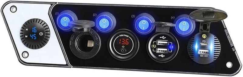 Blue 12 24V PD QC3 0 Car Charger with Voltmeter Digital Clock 5 Port Panel Switch for Yacht Vehicle Phone Tablet - Image 1