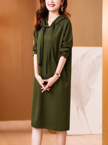 Autumn Womens Wear 2022 New Style Elegant Slimming Solid Color dress Loose Casual Long Sleeve Hooded Sweatshirt Dress Womens Fashion Green