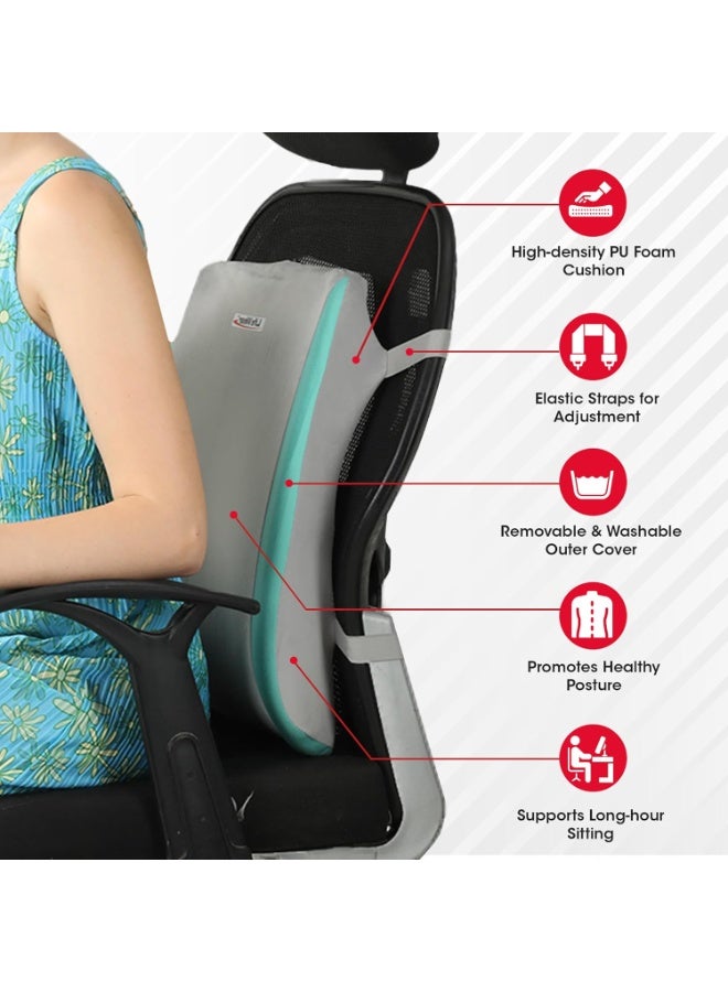 LifeWear Back Rest, Back Support for Office, Home, and Car Sitting, Foam Lumbar Support for Back Pain Relief, Anatomical Shape, With Adjustable Strap and Removable Cover, Gray Color, Universal Size - Image 2