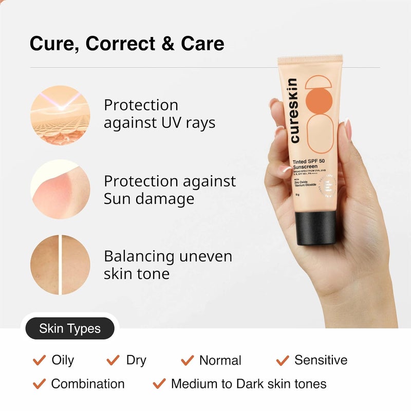 Cureskin كريم واقي الشمس المعدني من كيرسكن بلمسة نهائية غير لامعة مع تلوين SPF 50 PA حماية واسعة الطيف من أشعة الشمس UVA/UVB/IR مع ثاني أكسيد التيتانيوم 50 جرام عبوة واحدة - Image 5