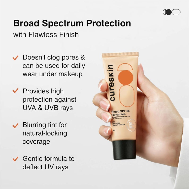 Cureskin كريم واقي الشمس المعدني من كيرسكن بلمسة نهائية غير لامعة مع تلوين SPF 50 PA حماية واسعة الطيف من أشعة الشمس UVA/UVB/IR مع ثاني أكسيد التيتانيوم 50 جرام عبوة واحدة - Image 2