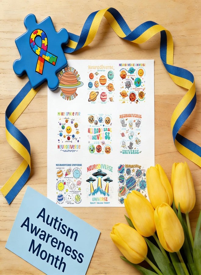 AFRITEE Autism UV DTF Cup Wraps - 25 Sheets Funny Neurodiverse Universe UV DTF Cup Wrap for 16 oz Glass Water Bottle, Autism Awareness Waterproof Transfer Stickers for DIY Tumbler Water Bottle Bumper Decor - Image 2
