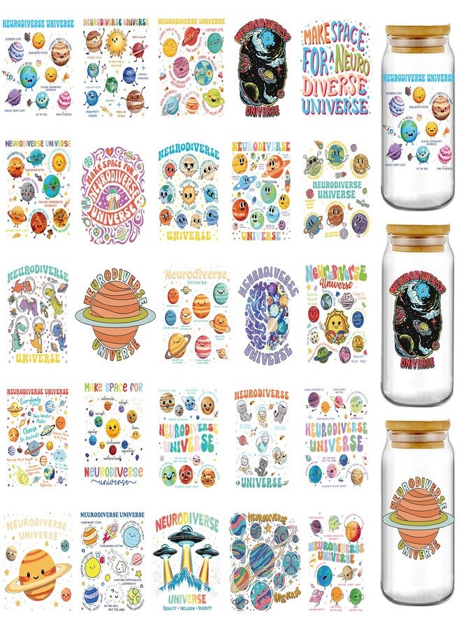 AFRITEE Autism UV DTF Cup Wraps - 25 Sheets Funny Neurodiverse Universe UV DTF Cup Wrap for 16 oz Glass Water Bottle, Autism Awareness Waterproof Transfer Stickers for DIY Tumbler Water Bottle Bumper Decor - Image 1