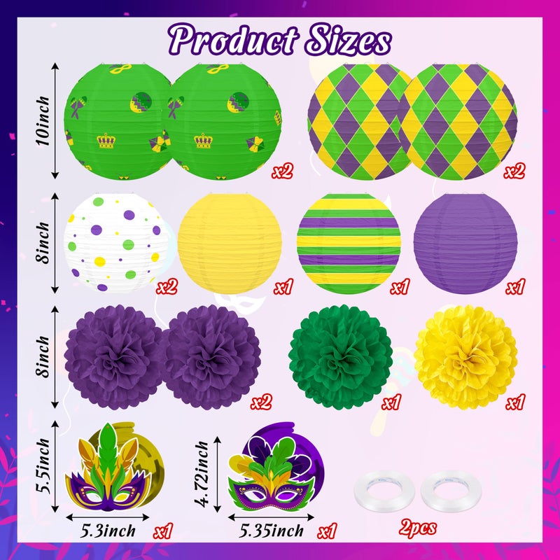 Renbuzhu 15 Pcs Mardi Gras Hanging Paper Lanterns Decorations - Honeycomb Balls Swirls Decor for Party Supplies Baby Shower Office Indoor Outdoor - Image 4