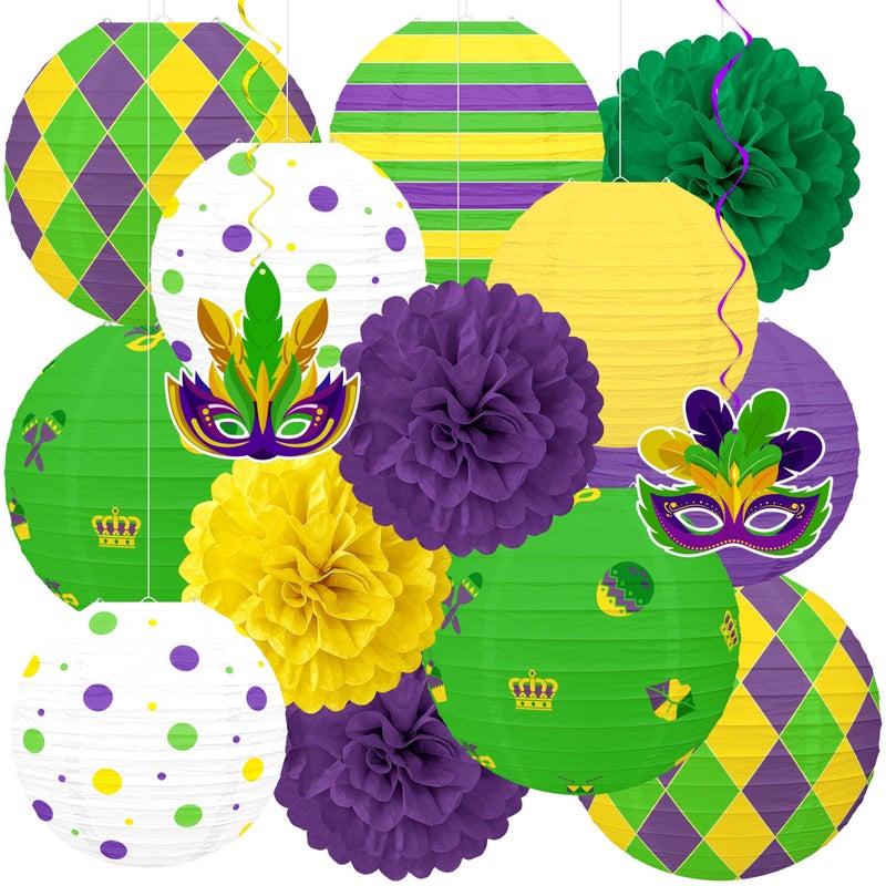 Renbuzhu 15 Pcs Mardi Gras Hanging Paper Lanterns Decorations - Honeycomb Balls Swirls Decor for Party Supplies Baby Shower Office Indoor Outdoor - Image 1