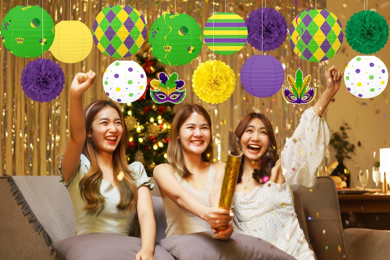 Renbuzhu 15 Pcs Mardi Gras Hanging Paper Lanterns Decorations - Honeycomb Balls Swirls Decor for Party Supplies Baby Shower Office Indoor Outdoor - Image 2