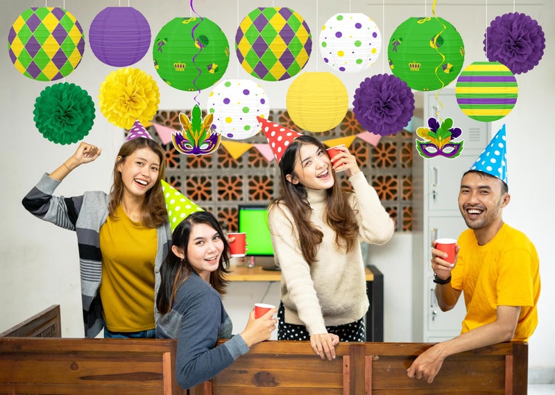 Renbuzhu 15 Pcs Mardi Gras Hanging Paper Lanterns Decorations - Honeycomb Balls Swirls Decor for Party Supplies Baby Shower Office Indoor Outdoor - Image 3