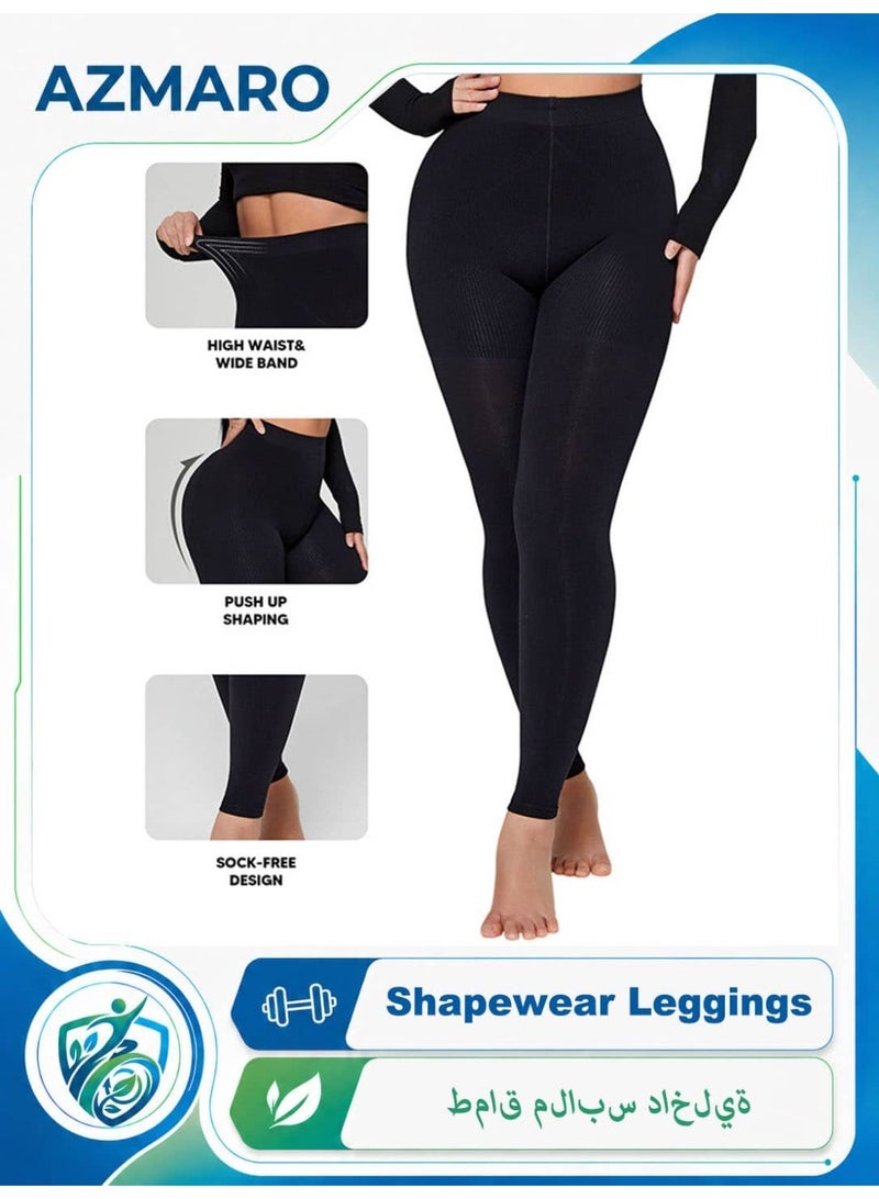 AZMARO High Waist Medical Compression Leggings, Graduated Pressure Opaque Tights for Varicose Veins Relief, Postpartum Tummy Control — Size L (Black) - Image 1