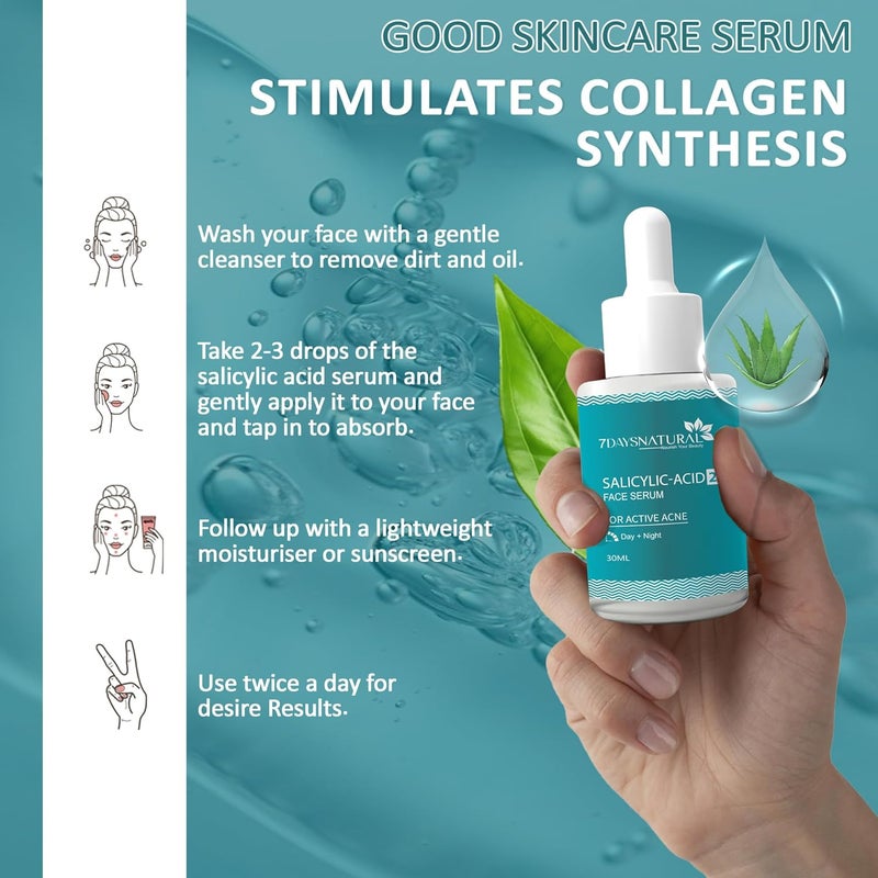7 DAYS NATURAL Salicylic Acid Face Serum for Removing Dark Spots Blackheads Acne Open Pores Face Serum for Sensitive Skin Oily Skin Acne Prone Skin30 Ml - Image 4