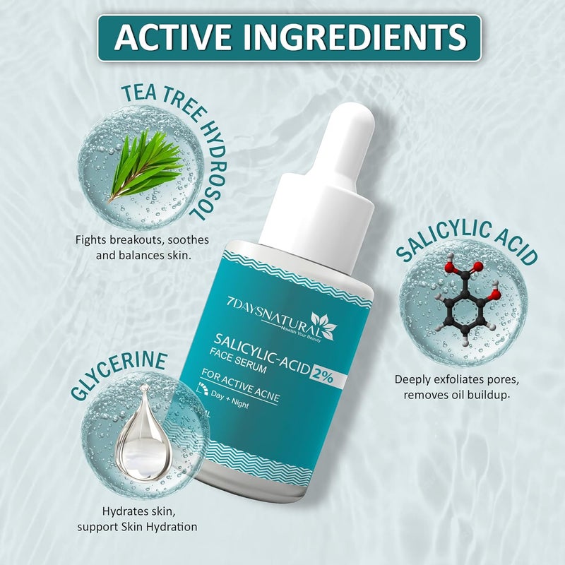 7 DAYS NATURAL Salicylic Acid Face Serum for Removing Dark Spots Blackheads Acne Open Pores Face Serum for Sensitive Skin Oily Skin Acne Prone Skin30 Ml - Image 3