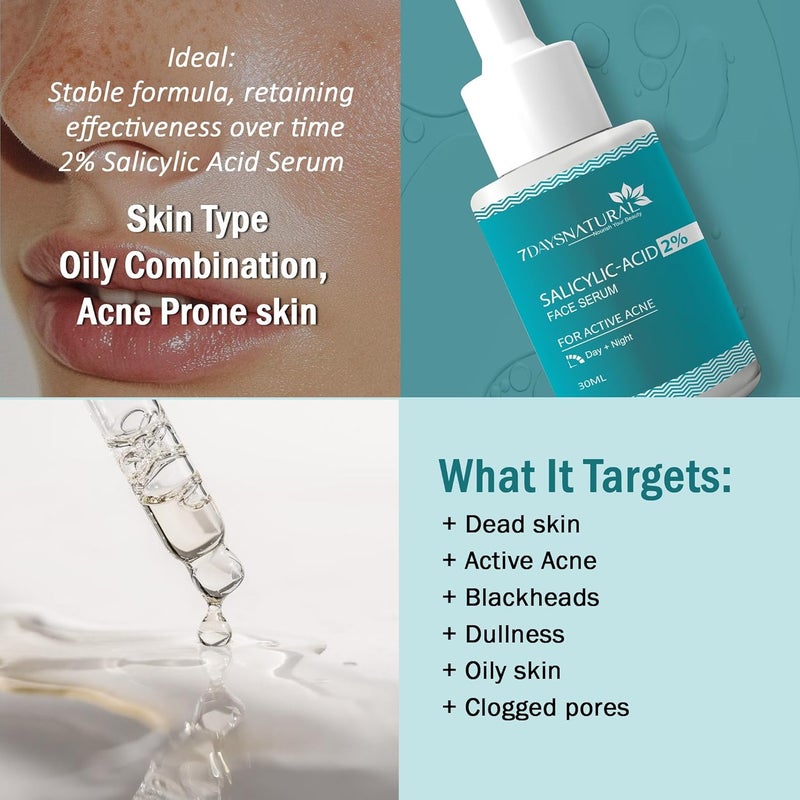 7 DAYS NATURAL Salicylic Acid Face Serum for Removing Dark Spots Blackheads Acne Open Pores Face Serum for Sensitive Skin Oily Skin Acne Prone Skin30 Ml - Image 2