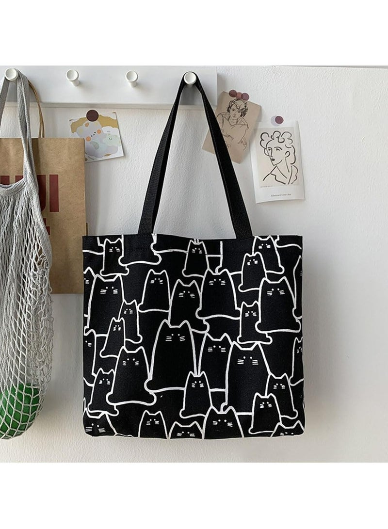 أوزيغالور حقيبة قماشية برسومات تجريدية لوجوه قطط لطيفة مع جيب بسحاب، حقيبة تسوق قابلة لإعادة الاستخدام، حقيبة قماشية بمقبض - Image 4