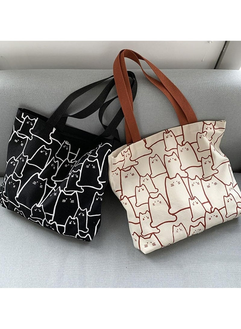 أوزيغالور حقيبة قماشية برسومات تجريدية لوجوه قطط لطيفة مع جيب بسحاب، حقيبة تسوق قابلة لإعادة الاستخدام، حقيبة قماشية بمقبض - Image 3