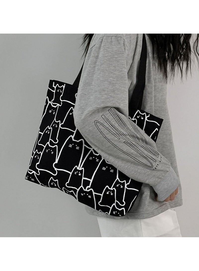 أوزيغالور حقيبة قماشية برسومات تجريدية لوجوه قطط لطيفة مع جيب بسحاب، حقيبة تسوق قابلة لإعادة الاستخدام، حقيبة قماشية بمقبض - Image 2