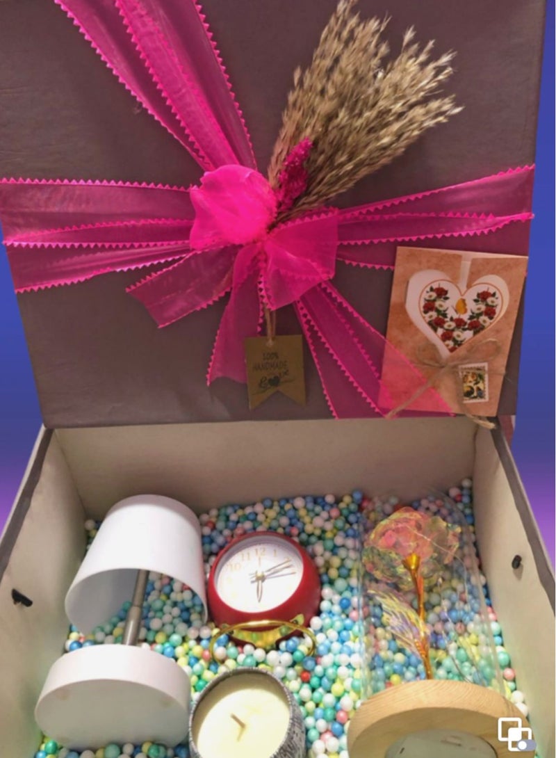 Mother's Day box, greeting card + 4 pieces (rose in a glass dome + night lamp + alarm clock with a happy base + scented candle) - Image 1