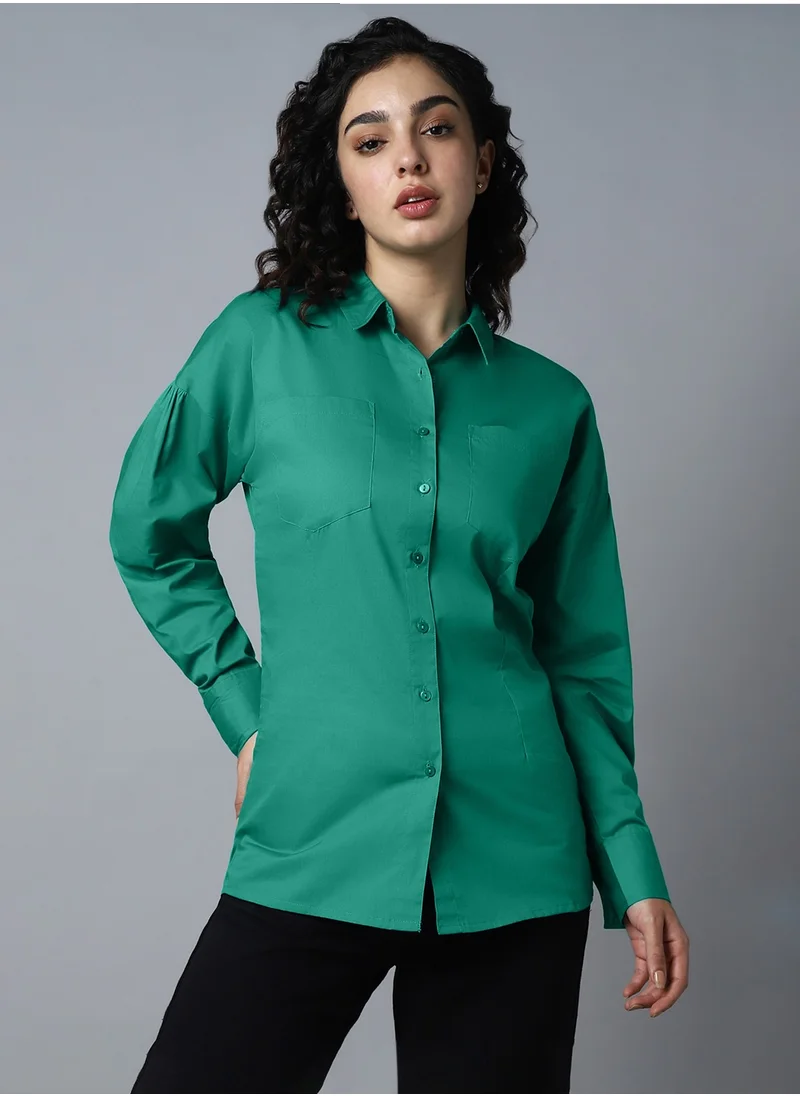 هاي ستار Pepper Green Classic Spread Collar Long Sleeve Shirt for Women