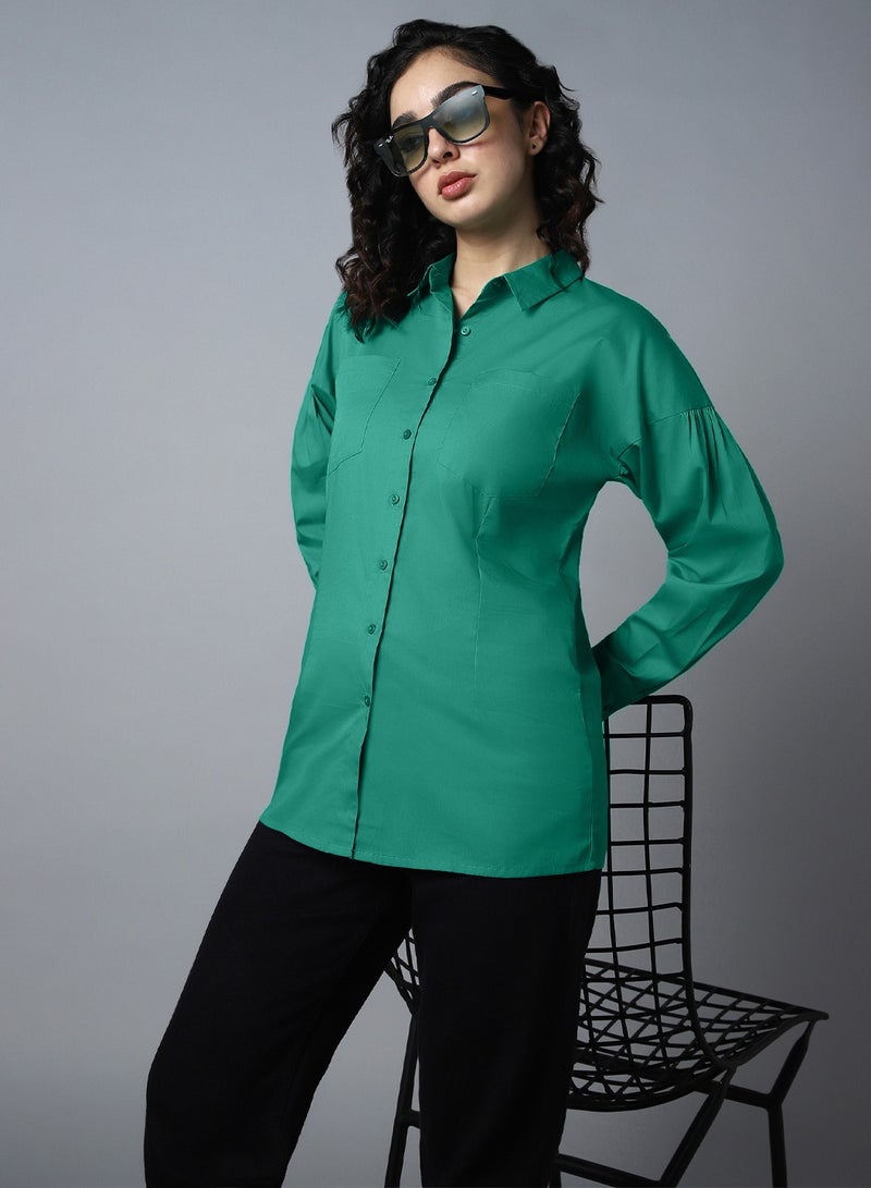 HIGH STAR Pepper Green Classic Spread Collar Long Sleeve Shirt for Women  - Image 1