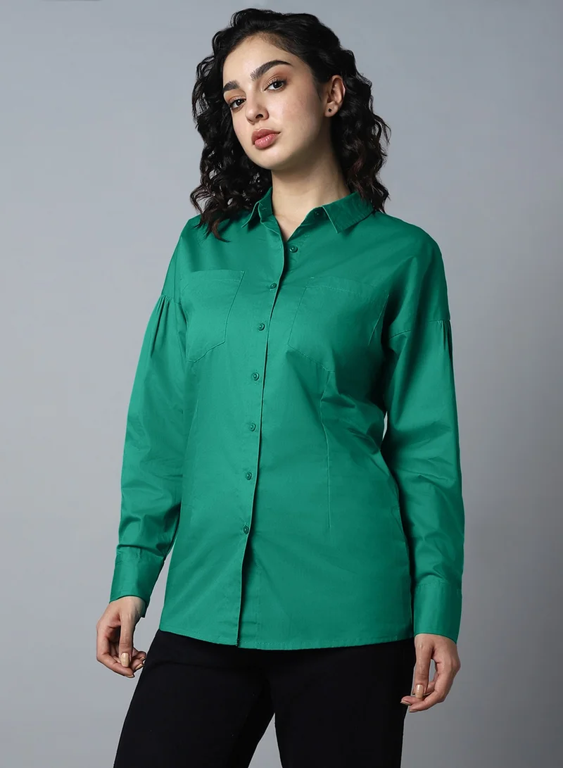 HIGH STAR Pepper Green Classic Spread Collar Long Sleeve Shirt for Women