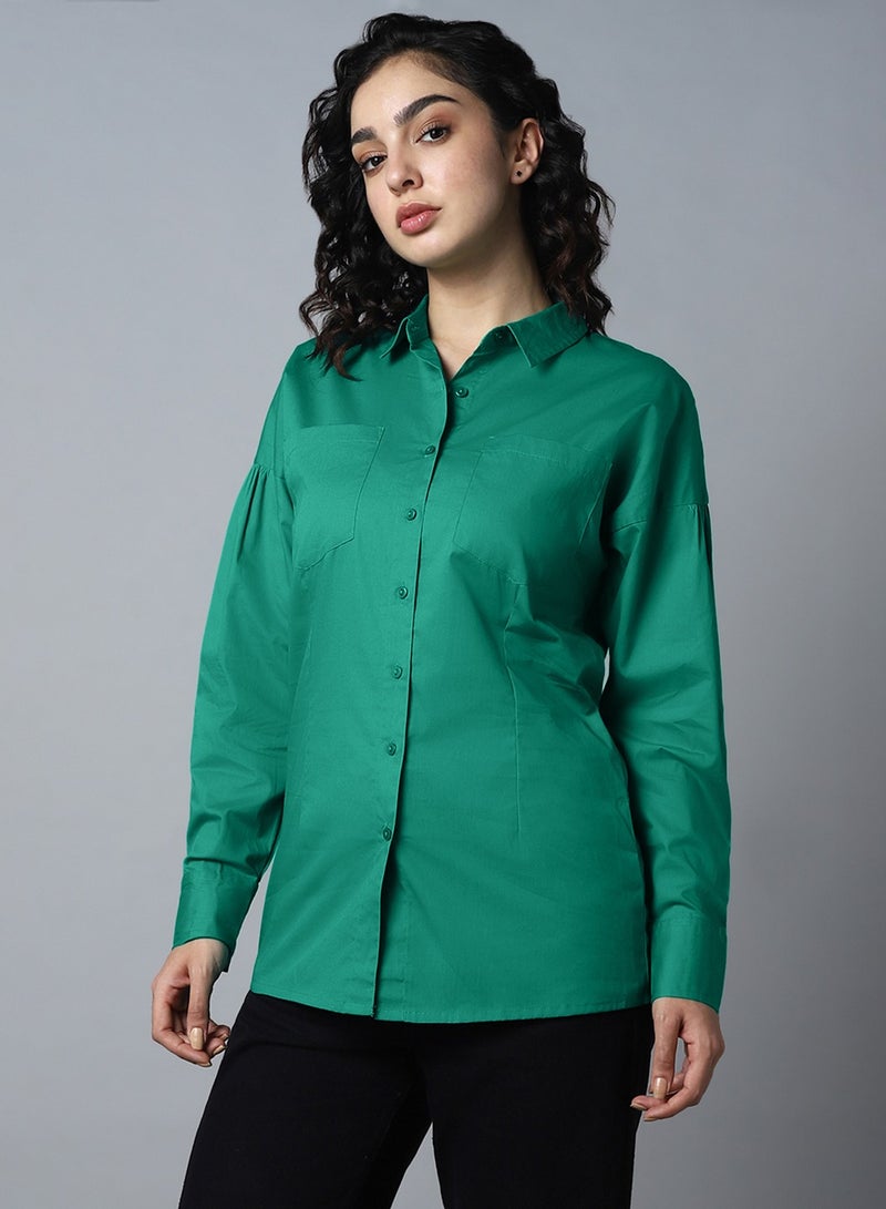 HIGH STAR Pepper Green Classic Spread Collar Long Sleeve Shirt for Women  - Image 3