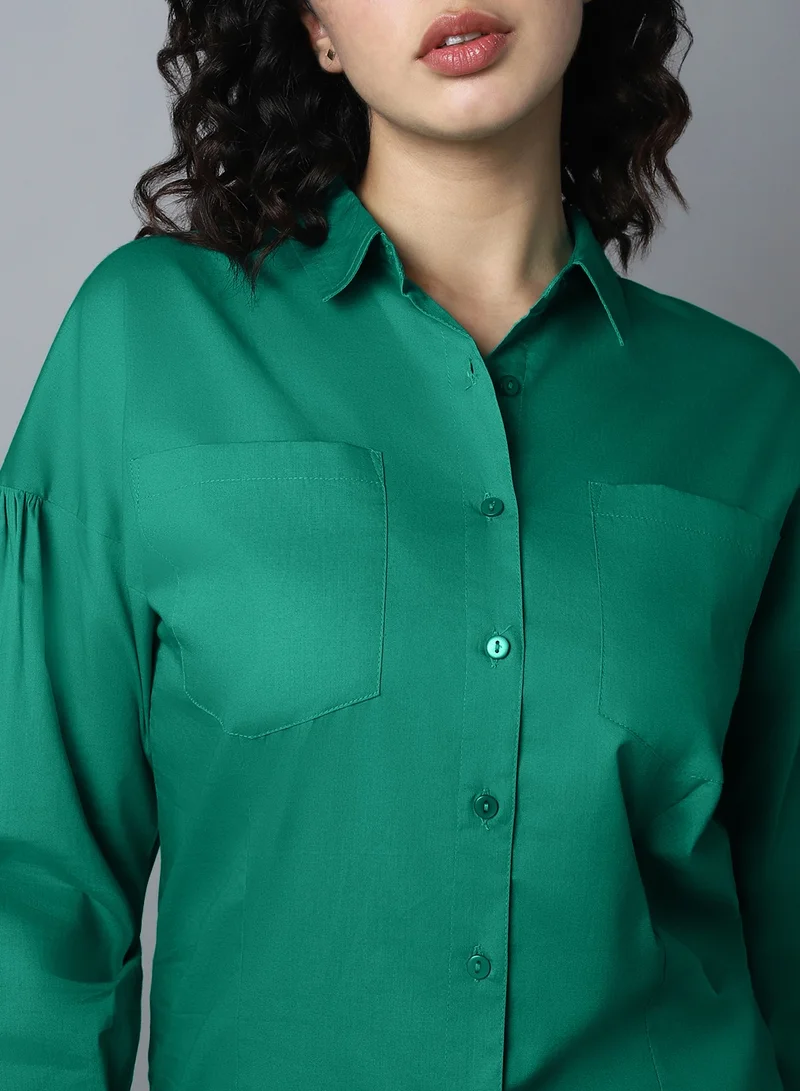 HIGH STAR Pepper Green Classic Spread Collar Long Sleeve Shirt for Women