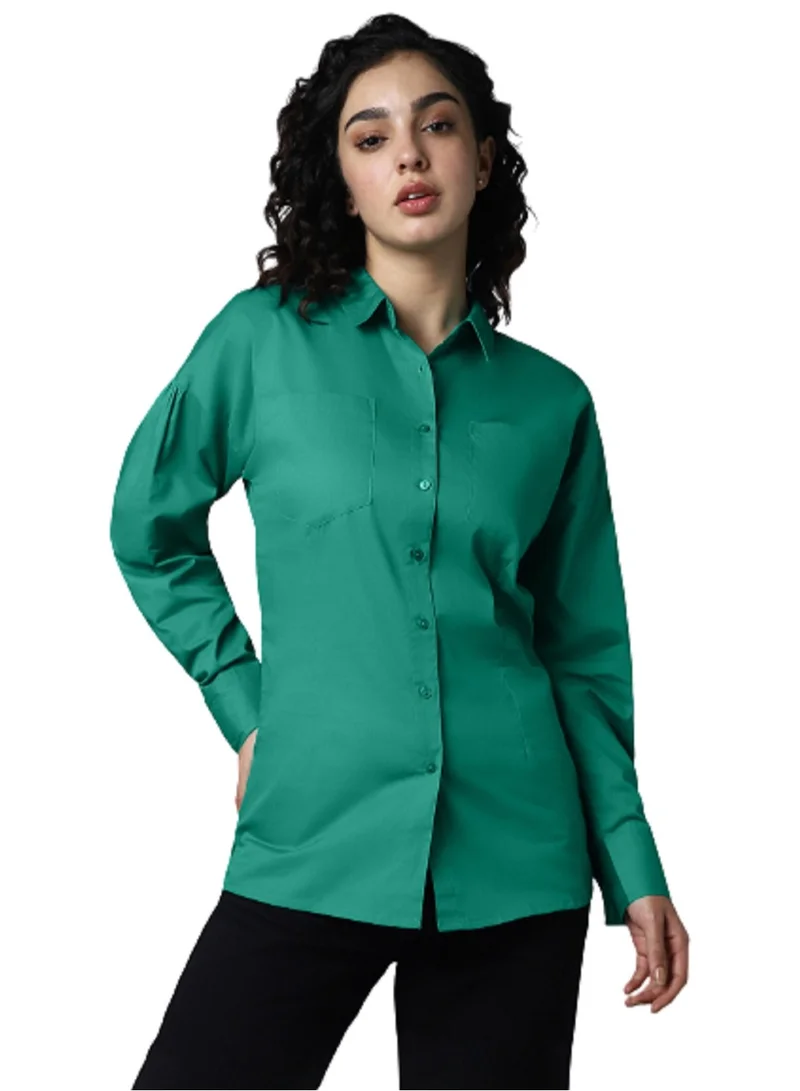 HIGH STAR Pepper Green Classic Spread Collar Long Sleeve Shirt for Women