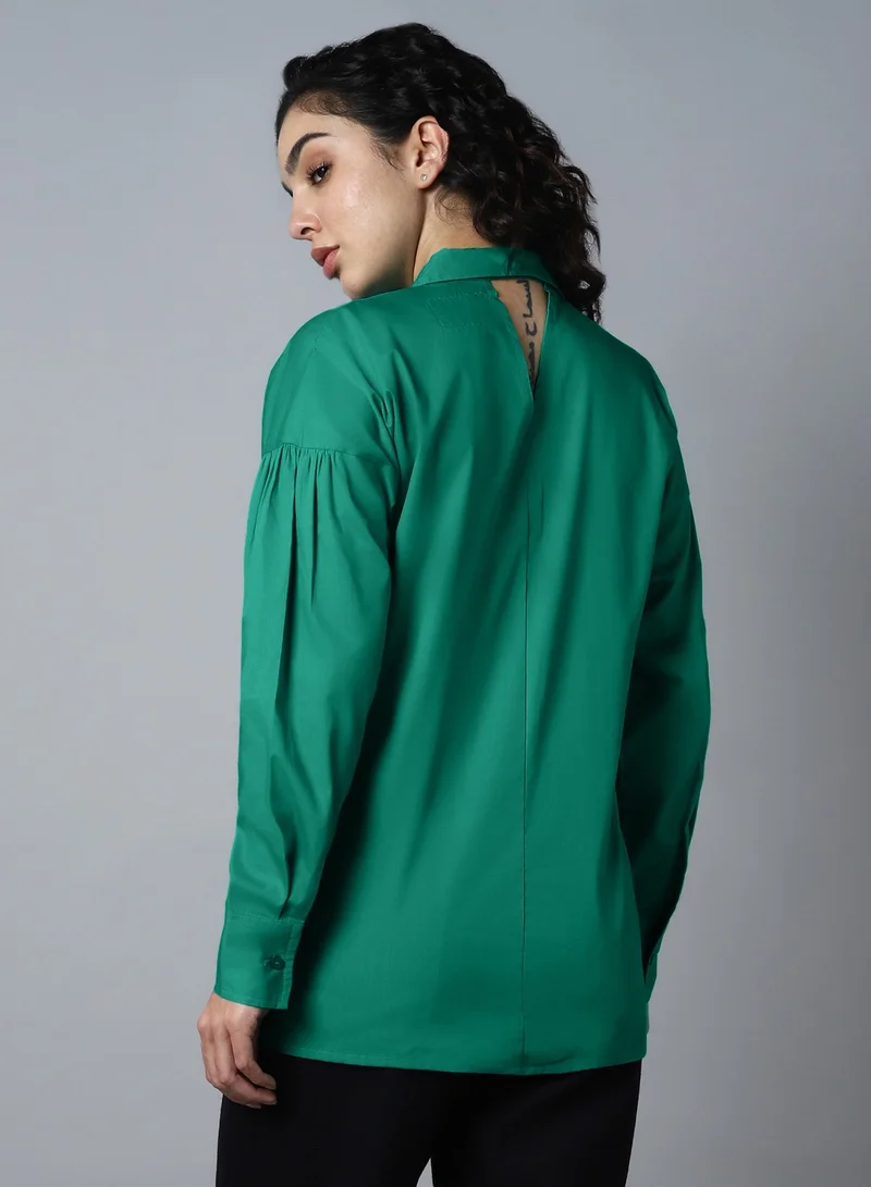 HIGH STAR Pepper Green Classic Spread Collar Long Sleeve Shirt for Women