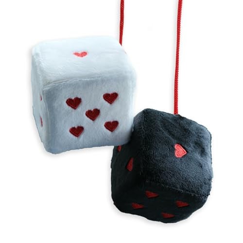 ORNALES Heart Shaped Vintage Embroidered Fuzzy Plush Dice Pair 3 Heart Shaped Hanging Dice Ornaments New Car Decorative Vintage Accessories for Car Interior Rearview MirrorBlack and White Color - Image 1